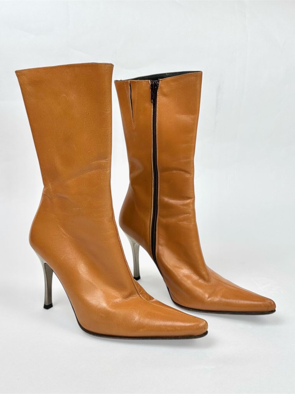 Charles David Cognac Spanish Leather Knee High Pointed Toe Metal Heel Boots - Picture 5 of 8